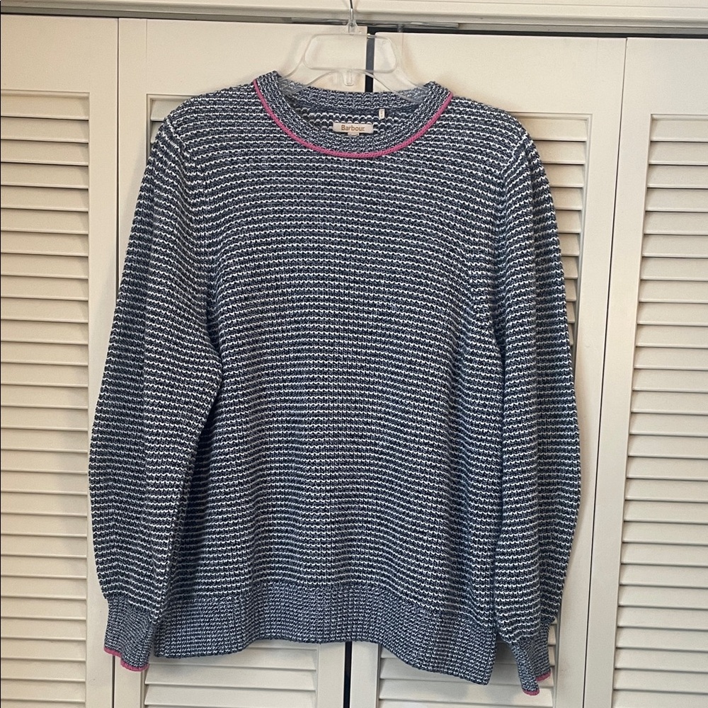 Barbour Bindweed Knit Navy White stripe cotton Crewneck Sweater Sz 14 pink trim